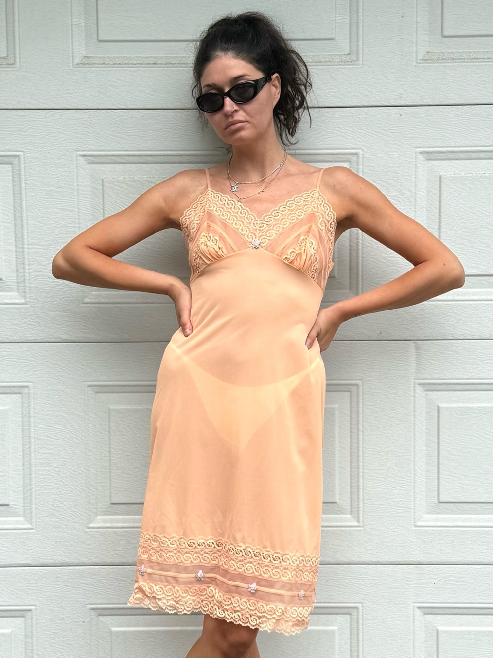 Vintage Peach Lace-Trim Slip Dress 60s 70s with side slits